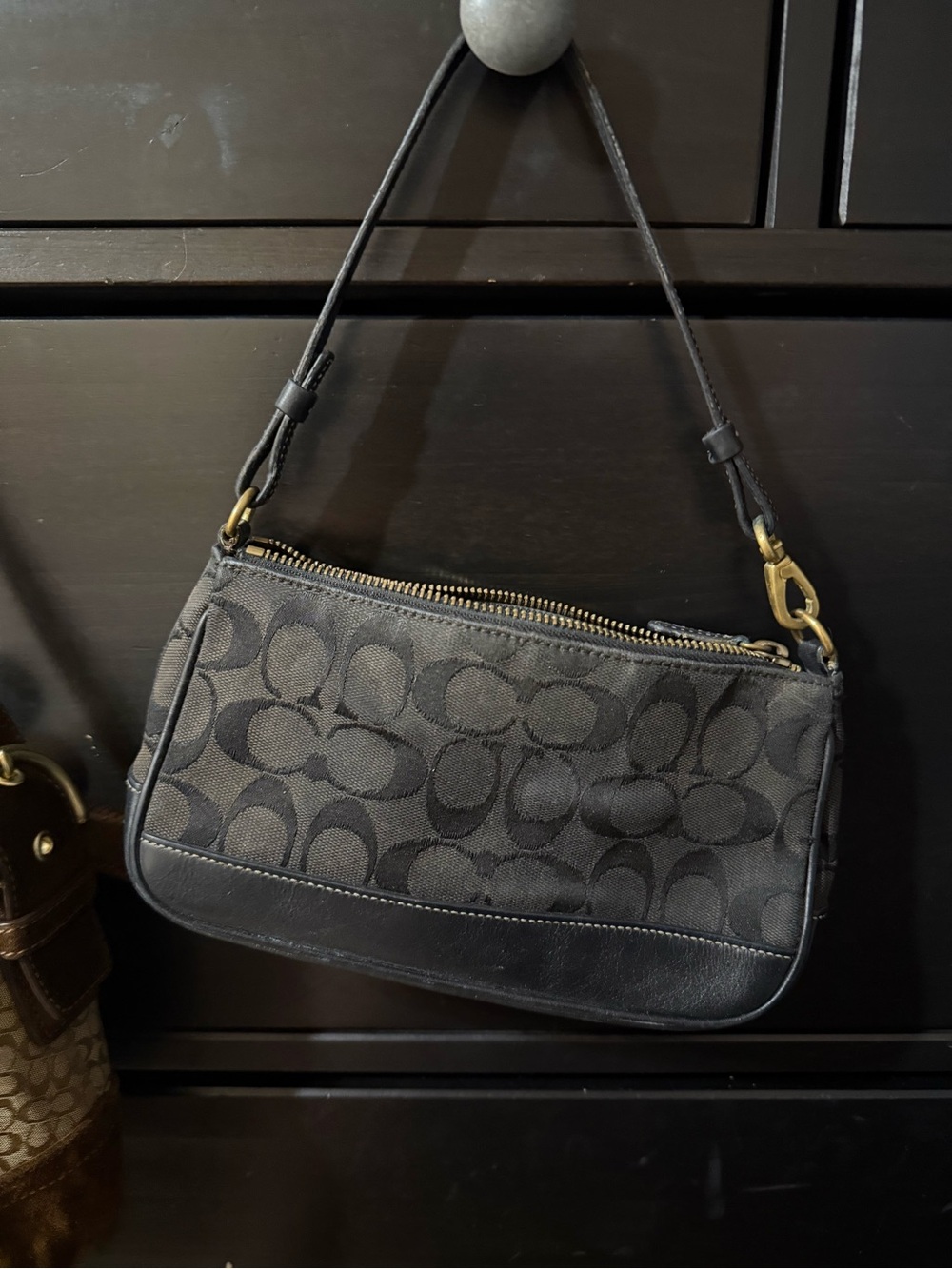 Coach Black Signature Canvas Shoulder Bag with Leather Trim
